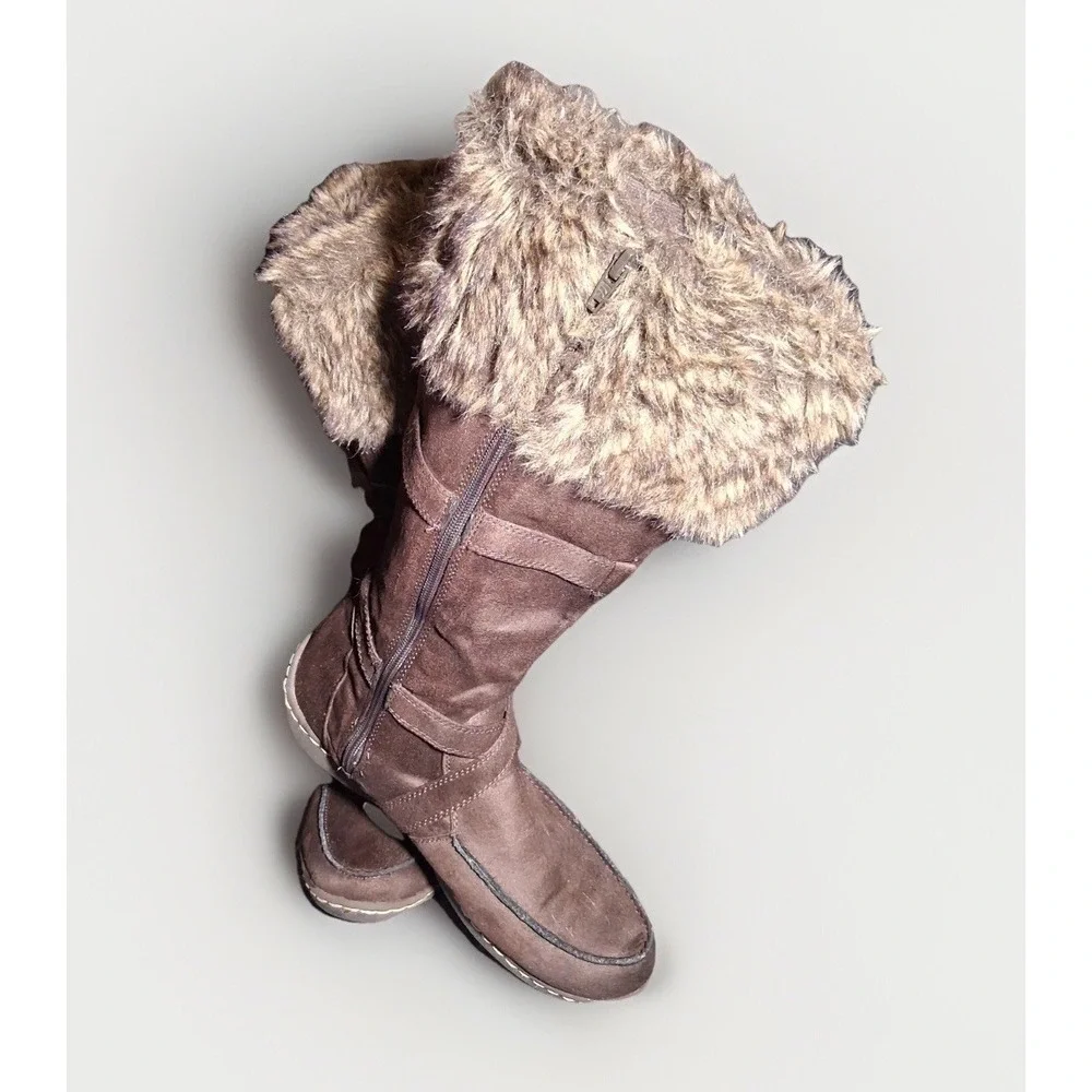 American Eagle Womens Brown Faux Suede Fur Trim Mid Calf Boots Size 9